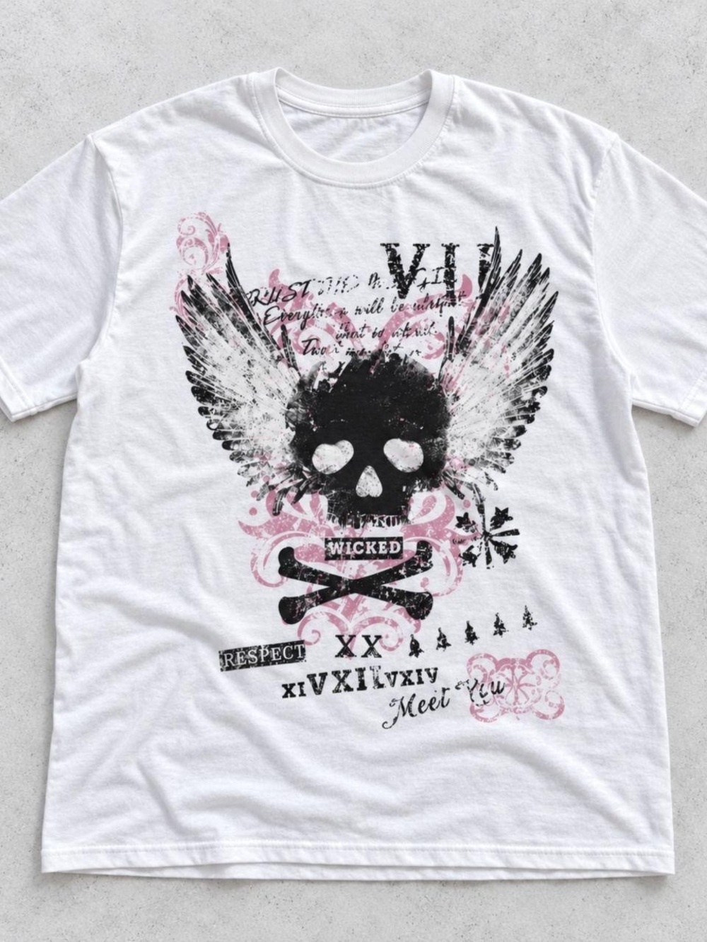 Gildan White Short-Sleeve Skull & Wing Graphic Tee with Pink Accents